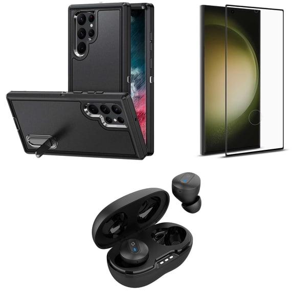 BD Combo Bundle Case for Samsung Galaxy S23 Case - (Black) Tough Rugged Protector Stand Cover with Screen Protectors, Premium Wireless Earbuds, TWS with Charging Case