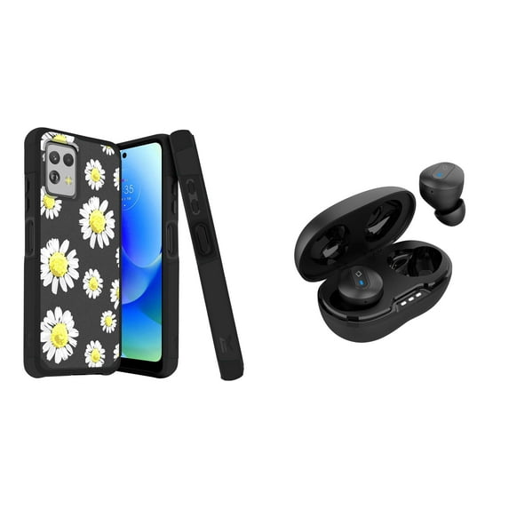 BD Dual Cover Designed for Moto G Power 5G 2023 Case (Chamomile Flowers) Shockproof Protector Armor Case with Noise-Cancelling Wireless Earbuds with Charging Case