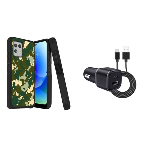 BD Dual Cover Designed for Moto G Power 5G 2023 Case (Green Camo) Shockproof Protector Armor Case with 30W Dual (USB-C, USB-A) Car Charger, Type-C to USB Cable