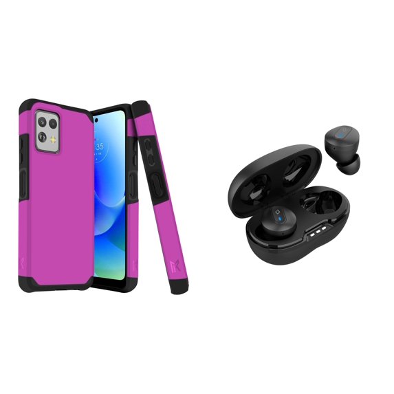 BD Dual Cover Designed for Moto G Power 5G 2023 Case (Hot Pink) Shockproof Protector Armor Case with Noise-Cancelling Wireless Earbuds with Charging Case