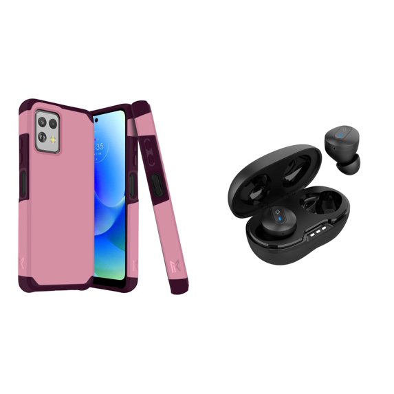 BD Dual Cover Designed for Moto G Power 5G 2023 Case (Pink Wine) Shockproof Protector Armor Case with Noise-Cancelling Wireless Earbuds with Charging Case