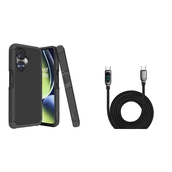 BD Dual Hybrid Case for OnePlus Nord N30 5G - Shockproof Protection Magnetic Armor Case (Black) with Digital LED Display Fast Charging USB-C to USB-C Cable (3.3 Feet)