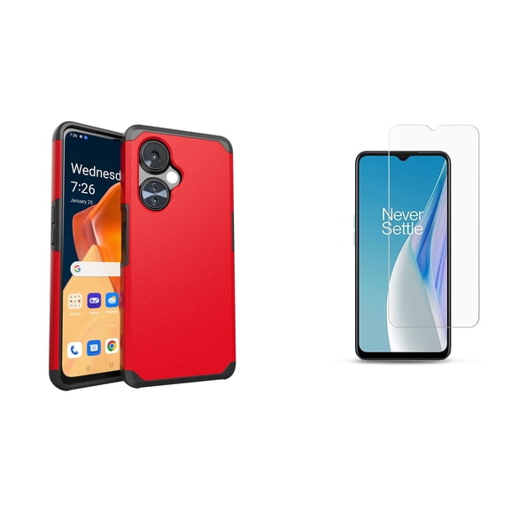 BD Dual Hybrid Case for OnePlus Nord N30 5G - Shockproof Protection Magnetic Armor Case (Red) with Screen Protectors (2-Pack) Tempered Glass