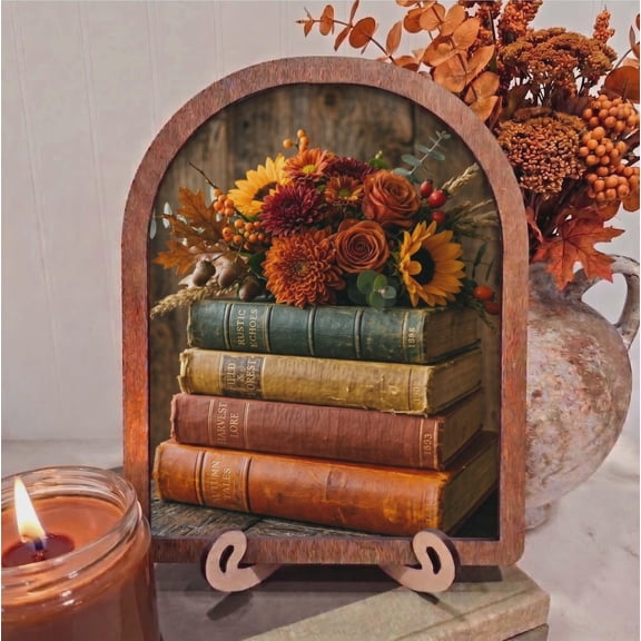 BD LASERS Autumn Book Stack with Flowers, 6x8 Inch Arched Wooden Frame with Display Stand, Fall Wall Decor