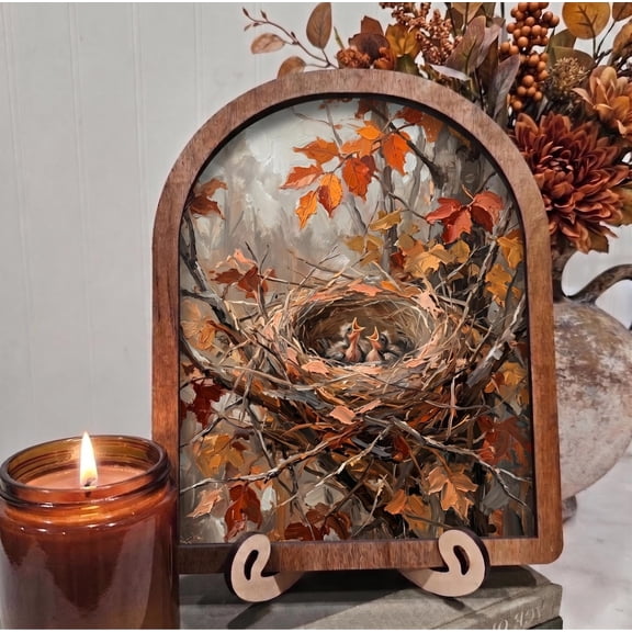 BD LASERS Baby Birds in Nest, 6x8 Inch Arched Wooden Frame with Display Stand, Halloween Wall Decor