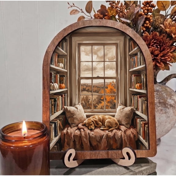 BD LASERS Book Nook with Sleeping Dog, 6x8 Inch Arched Wooden Frame with Display Stand, Fall Wall Decor