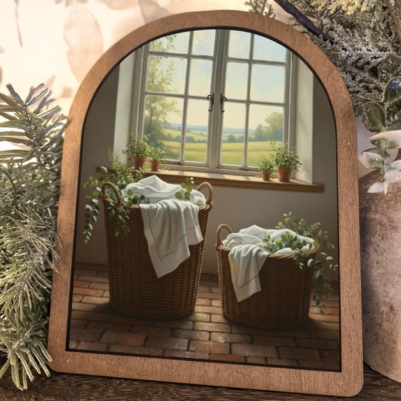 BD LASERS Farmhouse Laundry Room, 6x8 Inch Arched Wooden Frame with Display Stand, Holiday Wall Decor
