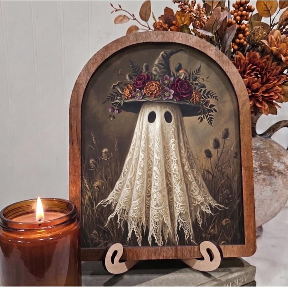 BD LASERS Floral Lace Ghost, 6x8 Inch Arched Wooden Frame with Display Stand, Halloween Wall Decor
