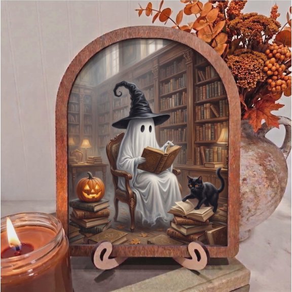 BD LASERS Ghost Reading in Library, 6x8 Inch Arched Wooden Frame with Display Stand, Halloween Wall Decor