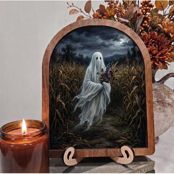 BD LASERS Ghost in Corn Field, 6x8 Inch Arched Wooden Frame with Display Stand, Halloween Wall Decor