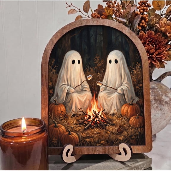 BD LASERS Ghosts by Campfire Bonfire, 6x8 Inch Arched Wooden Frame with Display Stand, Halloween Wall Decor