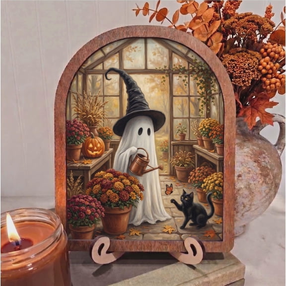 BD LASERS Halloween Ghost Watering Flowers, 6x8 Inch Arched Wooden Frame with Display Stand, Halloween Wall Decor