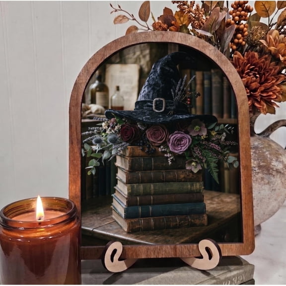 BD LASERS Hat on Books Flowers, 6x8 Inch Arched Wooden Frame with Display Stand, Halloween Wall Decor