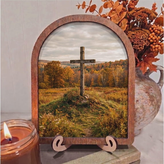 BD LASERS Rustic Wooden Cross in Autumn Landscape, 6x8 Inch Arched ...