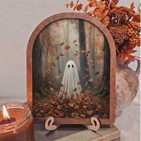 BD LASERS Spooky Cute Ghost in Autumn Leaves, 6x8 Inch Arched Wooden Frame with Display Stand, Halloween Wall Decor