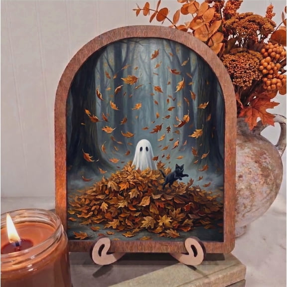 BD LASERS Spooky Cute Ghost in Leaf Pile, 6x8 Inch Arched Wooden Frame with Display Stand, Halloween Wall Decor