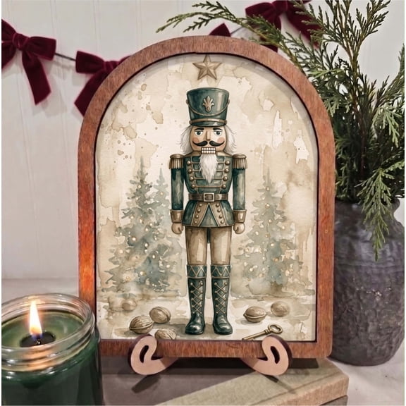 BD LASERS Watercolor Nutcracker Soldier, 8x10 Inch Arched Wooden Frame with Display Stand, Holiday Wall Decor