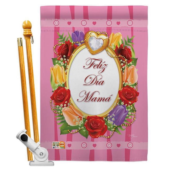 BD-MD-HS-115072-IP-BO-D-US11-BD 28 x 40 in. Feliz Dia Mama Summer Mothers Day Impressions Decorative Vertical Double Sided House Flag Set with Pole Bracket Hardware