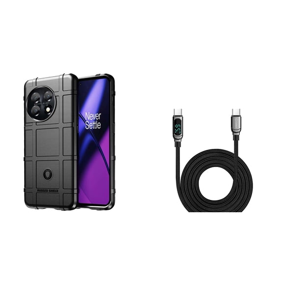 BD Rugged Shield Designed for OnePlus 11 5G Case - (Black) Impact Resistant Flexible Armor Case with Digital LED Display Fast Charging USB-C to USB-C Cable (3.3 Feet)