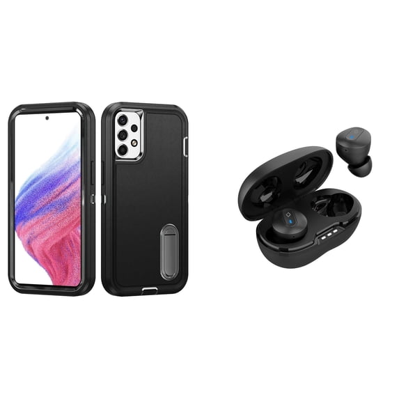 BD Tough Rugged Cover Designed for Samsung Galaxy A53 5G Case - (Black) Impact Resistant Hybrid Protector Stand Case with Noise-Cancelling Wireless Earbuds with Charging Case