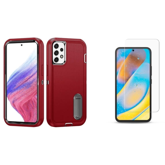 BD Tough Rugged Cover Designed for Samsung Galaxy A53 5G Case - (Red) Impact Resistant Hybrid Protector Stand Case with Screen Protectors (2-Pack) Tempered Glass