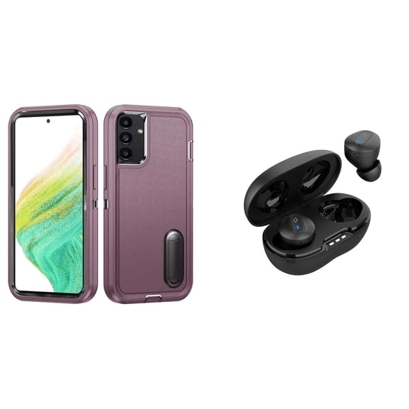 BD Tough Rugged Cover Designed for Samsung Galaxy A54 5G Case - (Burgundy) Impact Resistant Hybrid Protector Stand Case with Noise-Cancelling Wireless Earbuds with Charging Case