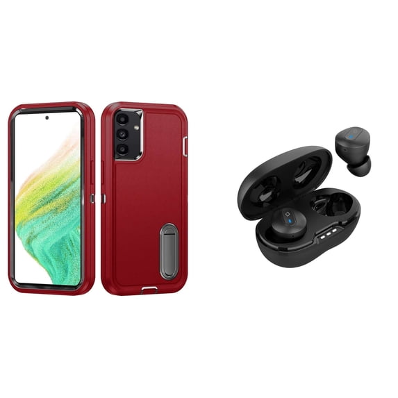 BD Tough Rugged Cover Designed for Samsung Galaxy A54 5G Case - (Red) Impact Resistant Hybrid Protector Stand Case with Noise-Cancelling Wireless Earbuds with Charging Case