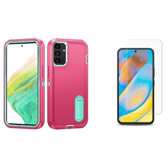 BD Tough Rugged Cover Designed for Samsung Galaxy A54 5G Case - (Teal and Pink) Impact Resistant Hybrid Protector Stand Case with Screen Protectors (2-Pack) Tempered Glass