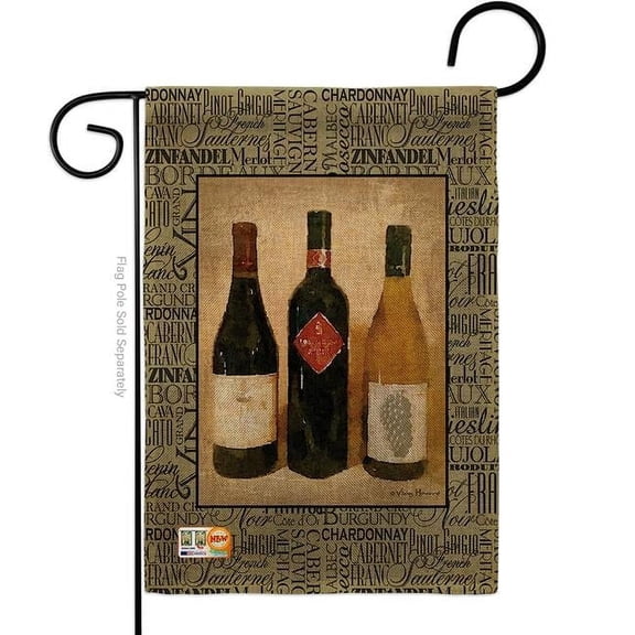 BD-WI-G-117043-IP-DB-D-US17-AM 13 x 18.5 in. 3 Wine Bottles Burlap Happy Hour & Drinks Impressions Decorative Vertical Double Sided Garden Flag