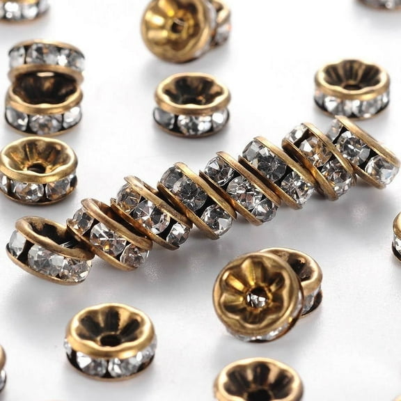 BD123A - 50 pcs Antique Bronze Clear Rhinestone Rondelle Spacer Beads - 8mm x 3.8mm - Grade AAA - Hole Size: 1.5mm - Crystal - Straight Edge