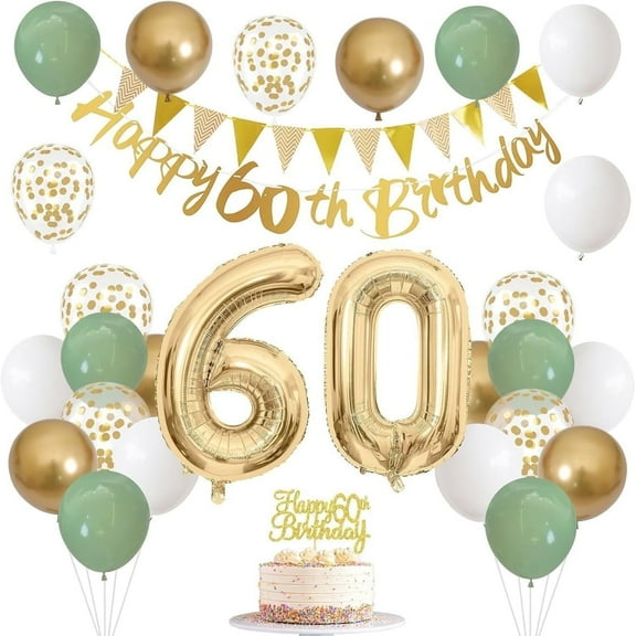 60th Birthday Decorations for Her Him, Happy 60th Birthday Banner With Flag Foil Balloon, Sage Green White Gold Balloons