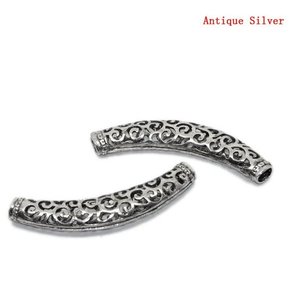BD461 - 10 pcs. Antique Silver Noodle Carved Hollow Filigree Pattern Tube Extra Long Curved Beads - 64mm x 13mm (2 1/2" x 1/2")