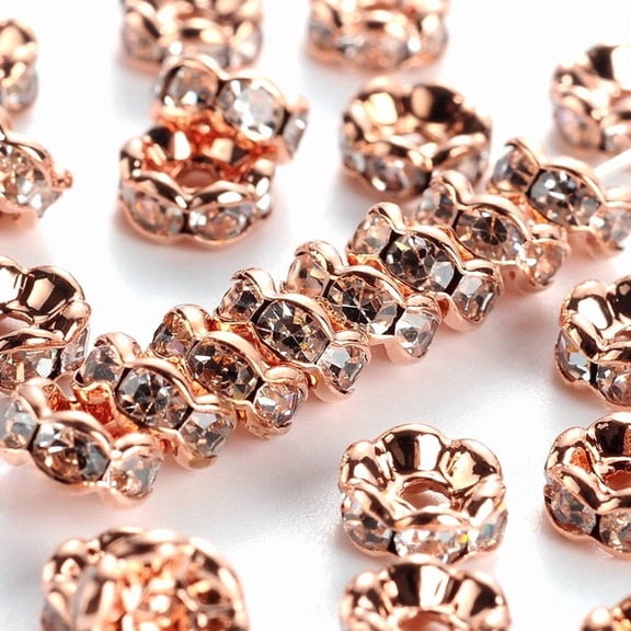 BD629 - 50 pcs Rose Gold Plated Clear Rhinestone Rondelle Spacer Beads - 5mm x 2.5mm - Grade AAA - Hole Size: 1mm - Curved Edge - Wavy Edge