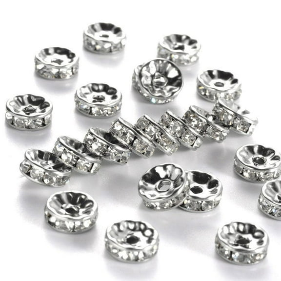 BD739 - 10 pcs. 316 Stainless Steel Clear Rhinestone Rondelle Spacer Beads - Silver Tone - 10mm x 4mm - Hole Size: 2mm - Straight Edges