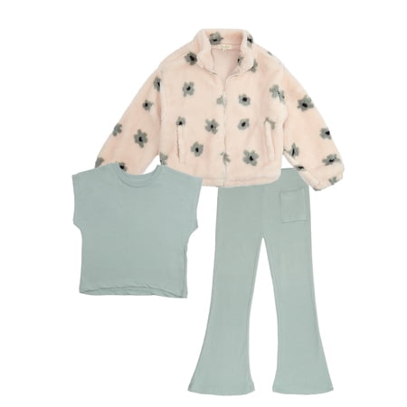 Jessica Simpson Girls’ Faux Shearling Jacket, Tee and Flare Pants Set, 3-Piece, Sizes 4-8