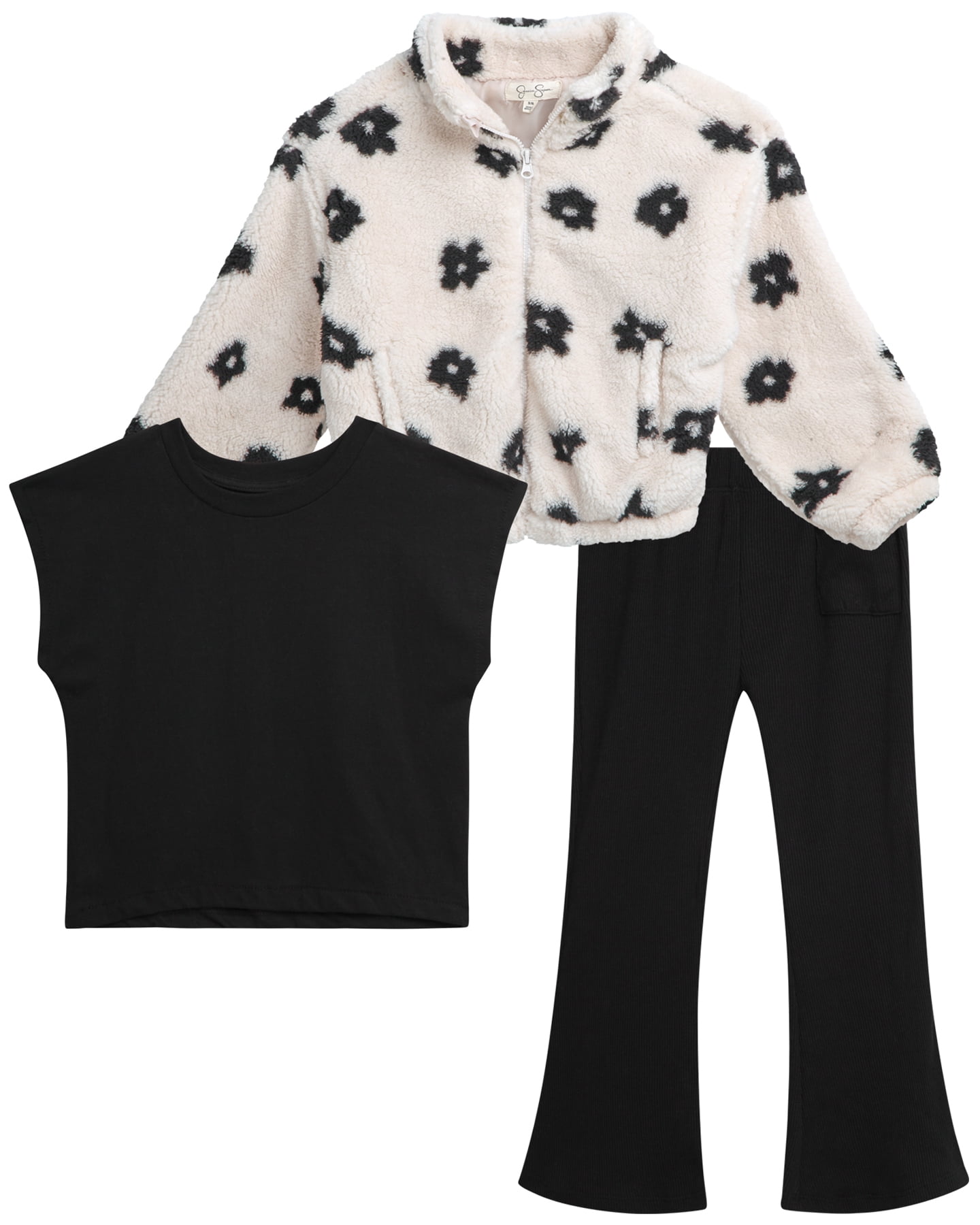 Jessica Simpson Girls’ Faux Shearling Jacket, Tee and Flare Pants Set, 3-Piece, Sizes 4-12