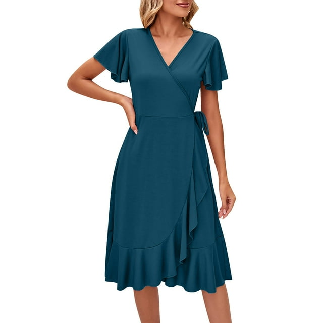 BDDVIQNN Women's Dress Personality Solid Color V Neck Dress Simple And ...