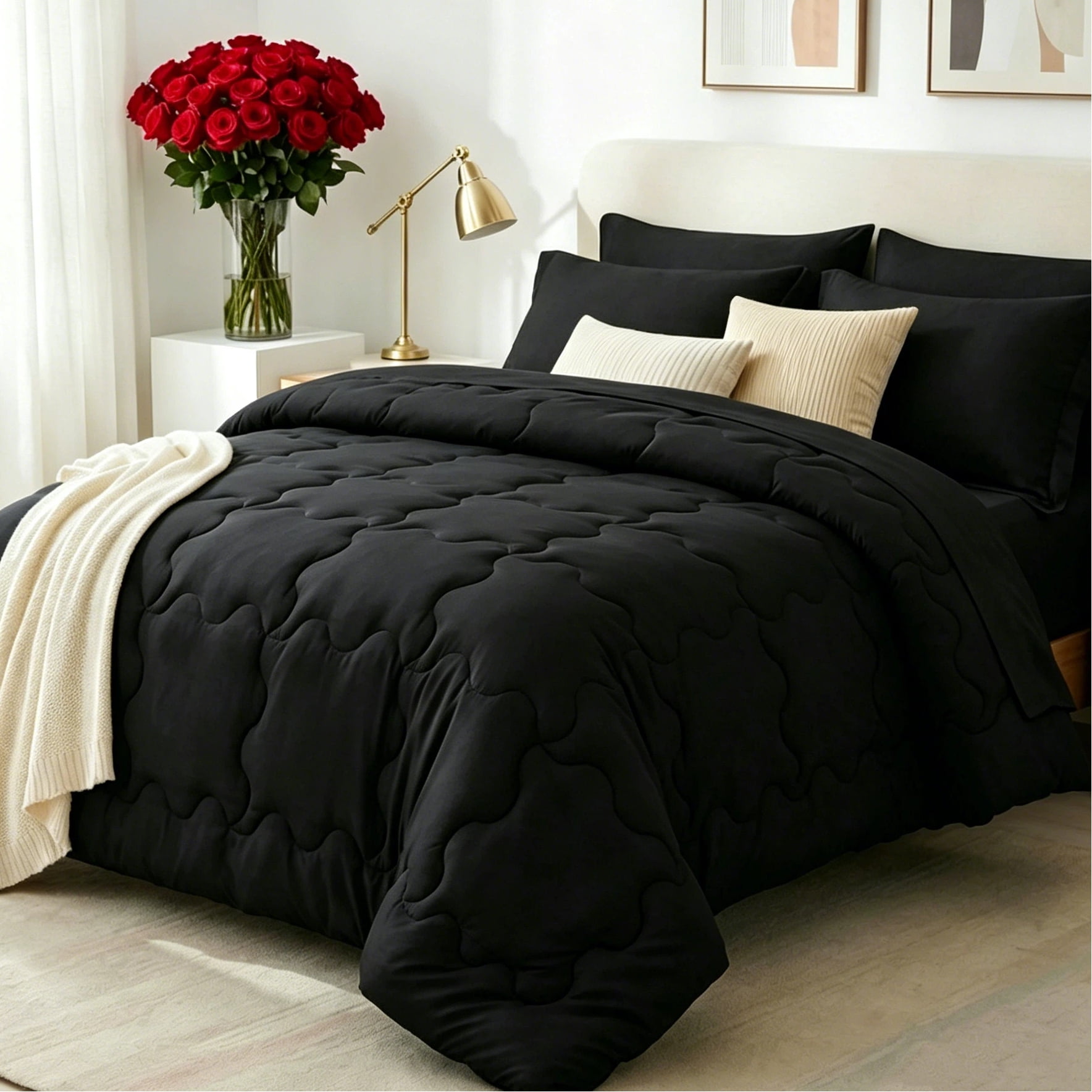 BDEUS 7 Pieces Comforter Set Full，Bed in A bag，All Seasons Bedding sets with Comforter,Fitted Sheet,Flat Sheet,Pillowcases & Shames，Black