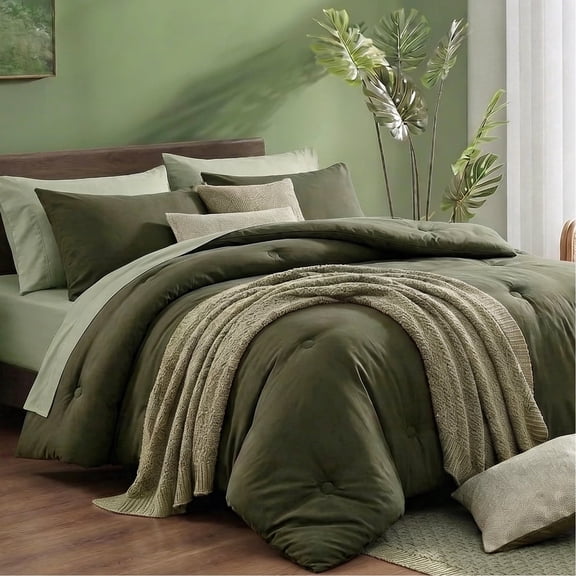 BDEUS 7 Pieces Comforter Set Queen,Bed in A bag,All Seasons Bedding sets with Comforter,Fitted Sheet,Flat Sheet,Pillowcases & Shames,Olive green