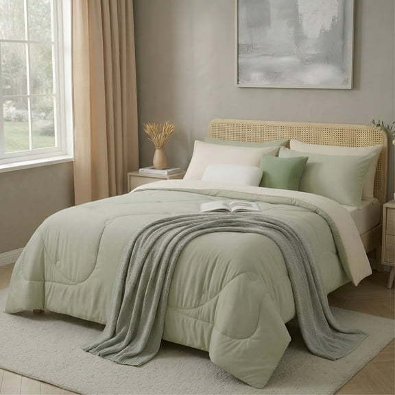 BDEUS 7 Pieces Comforter Set King,Bed in A bag,All Seasons Bedding sets with Comforter,Fitted Sheet,Flat Sheet,Pillowcases & Shames,Sage green