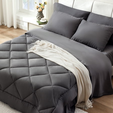 BDEUS Comforter Set 5 Pieces Grey All Seasons Comforters Bed in a bag with 2 Pillow Sham Full Size