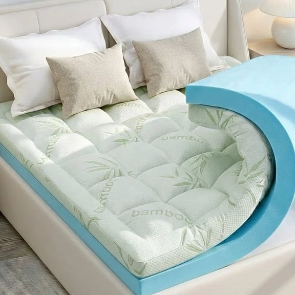 BDEUS Dual Layer 5 inch Memory Foam Mattress Topper, 2 inch Gel Memory Foam and 3 inch 1450 GSM Down Alternative Quilted Pillow Top Mattress Pad Cover for Back Pain,Queen Size