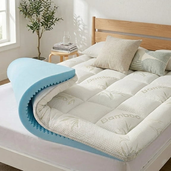 BDEUS Dual Layer 5 inch Memory Foam Mattress Topper, 3 inch Bamboo Mattress Pad Cover and 2 inch Gel Memory Foam for Back Pain,Twin XL Size