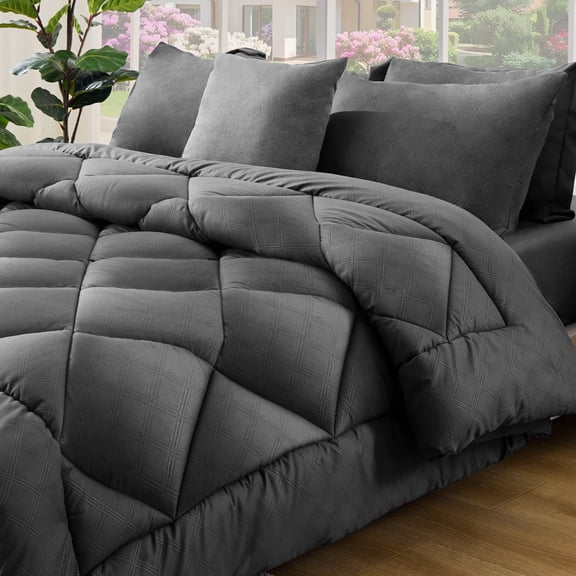 BDEUS Full Comforter Set 5 Pieces,Comforter Set,Bed in a Bag, Bedding Set with Comforter,Fitted Sheet,Flat Sheet,Pillowcase, All Season, Grey