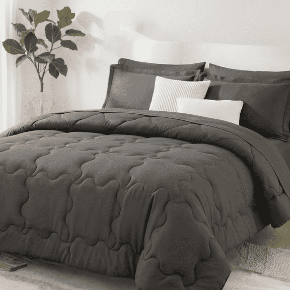 BDEUS Full Comforter Set,5 Pieces Comforter Set,Bed in a Bag, Bedding Set with Comforter,Fitted Sheet,Flat Sheet,Pillowcase, All Season, Dark Gray