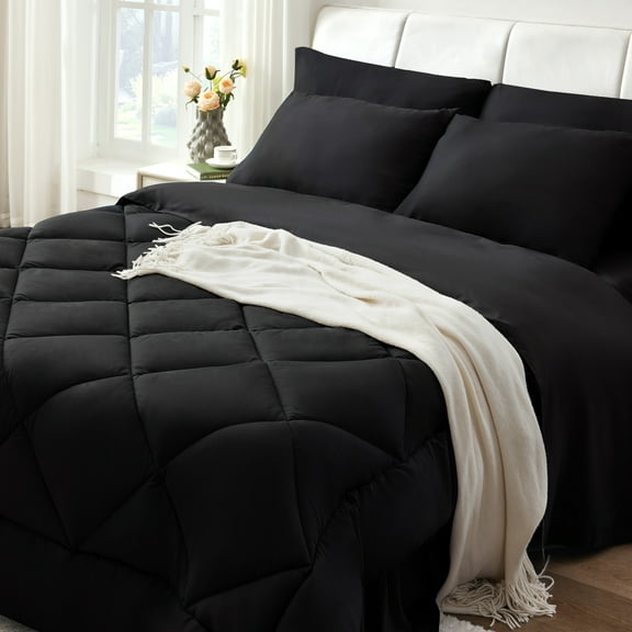 BDEUS King Comforter Set 5 Pieces,Comforter Set,Bed in a Bag, Bedding Set with Comforter,Fitted Sheet,Flat Sheet,Pillowcase, All Season,Black