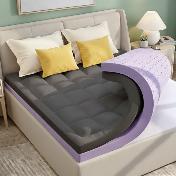 BDEUS King Size Dual Layer 4 inch Memory Foam Mattress Topper, 2 inch Gel Memory Foam and 2 inch Cooling Pillow Top Mattress Pad Cover for Back Pain,Gray