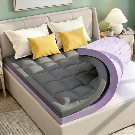 BDEUS King Size Dual Layer 4 inch Memory Foam Mattress Topper, 2 inch Gel Memory Foam and 2 inch Cooling Pillow Top Mattress Pad Cover for Back Pain,Gray