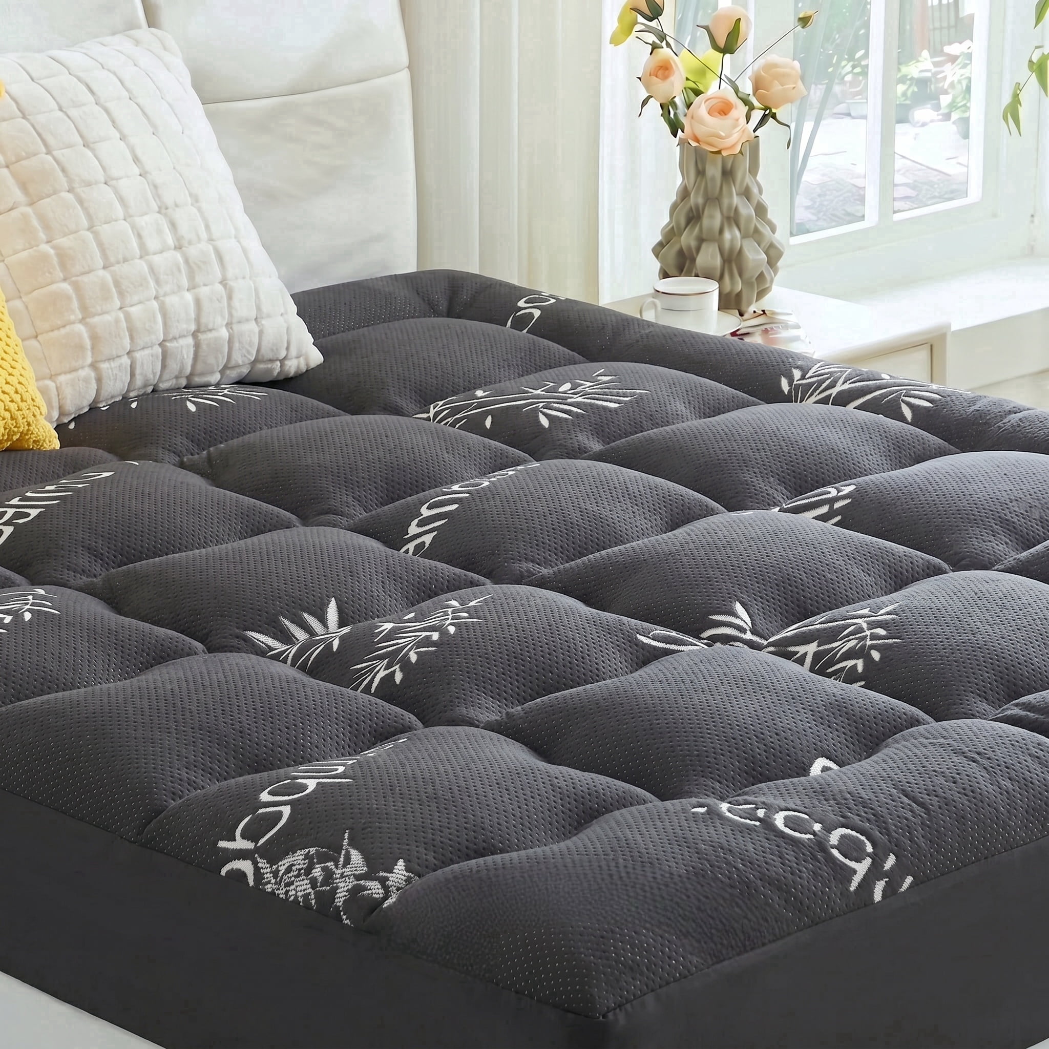 BDEUS Mattress Topper Twin for Back Pain,Bamboo Mattress Pad Cover,Mattress Pad,8-21" Deep Elastic Pocket, Plush Soft Down，Grey