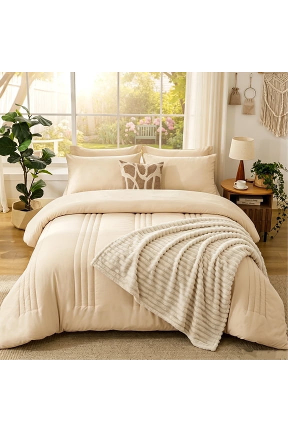 Queen Comforter Set 7 Pieces,Comforter Set,Bed in a Bag, Bedding Set with Comforter,Fitted Sheet,Flat Sheet,Pillowcase, All Season